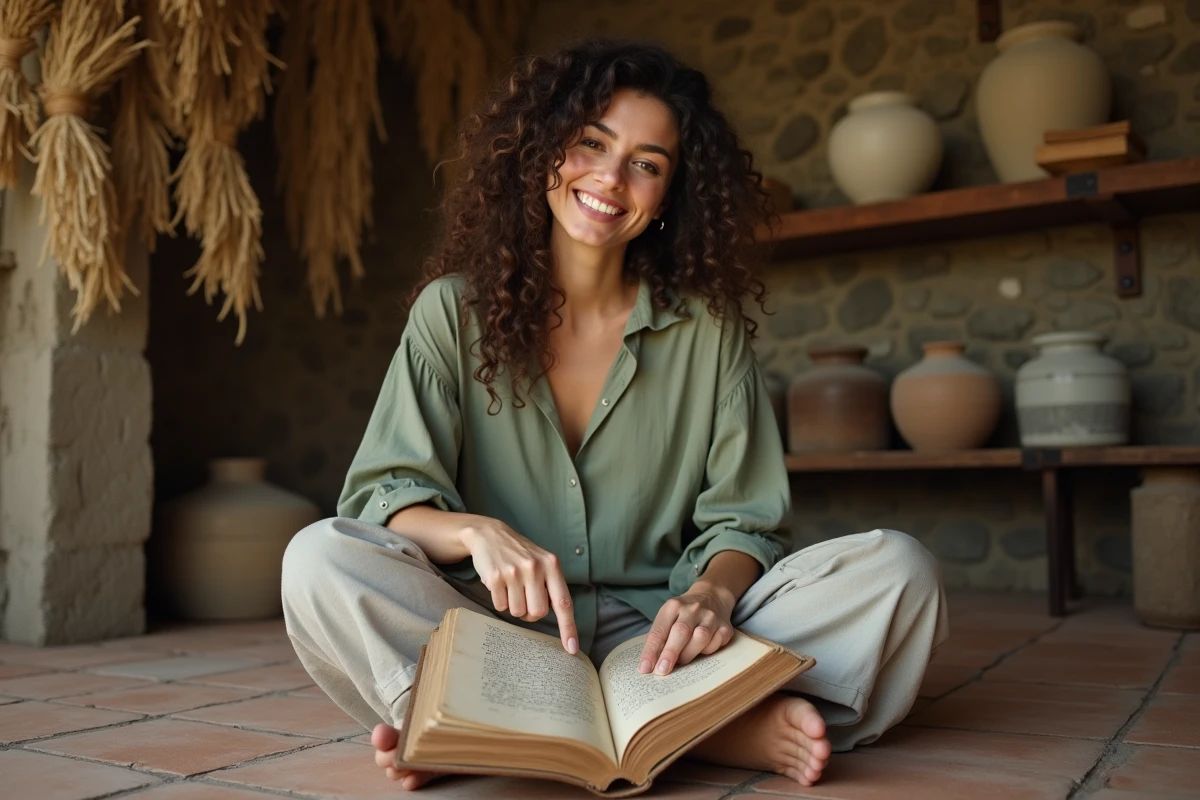 Femme aux cheveux bouclés consultant un vieux livre de prénoms grecs anciens dans une bibliothèque rustique en pierre avec des objets artisanaux