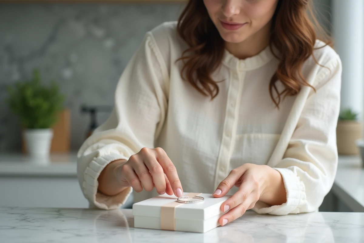 Femme préparant un coffret cadeau de baptême avec gourmette argentée sur plan de travail en marbre