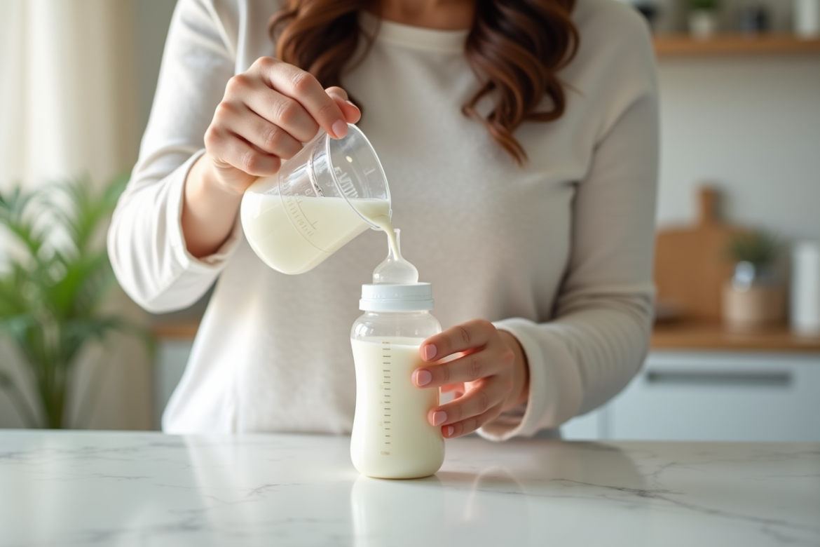 Maman préparant un biberon de bébé avec lait dans une cuisine lumineuse