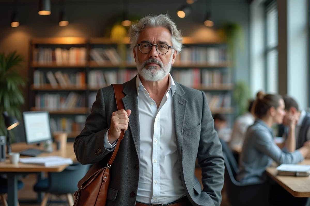 Professionnel des médias traversant une salle de rédaction moderne avec une sacoche en cuir sur l'épaule