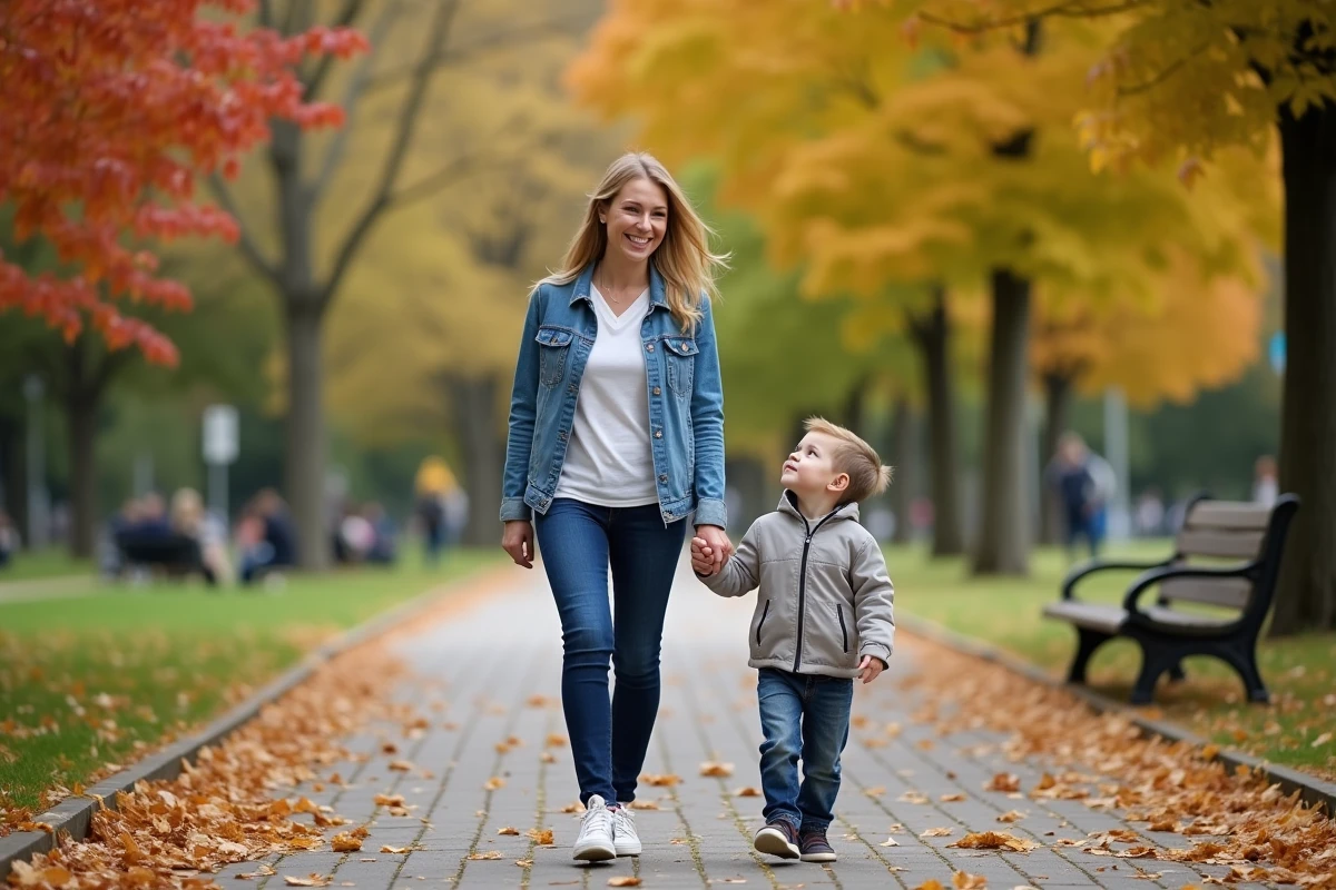 Femme et enfant marchant dans un parc en automne en plein air