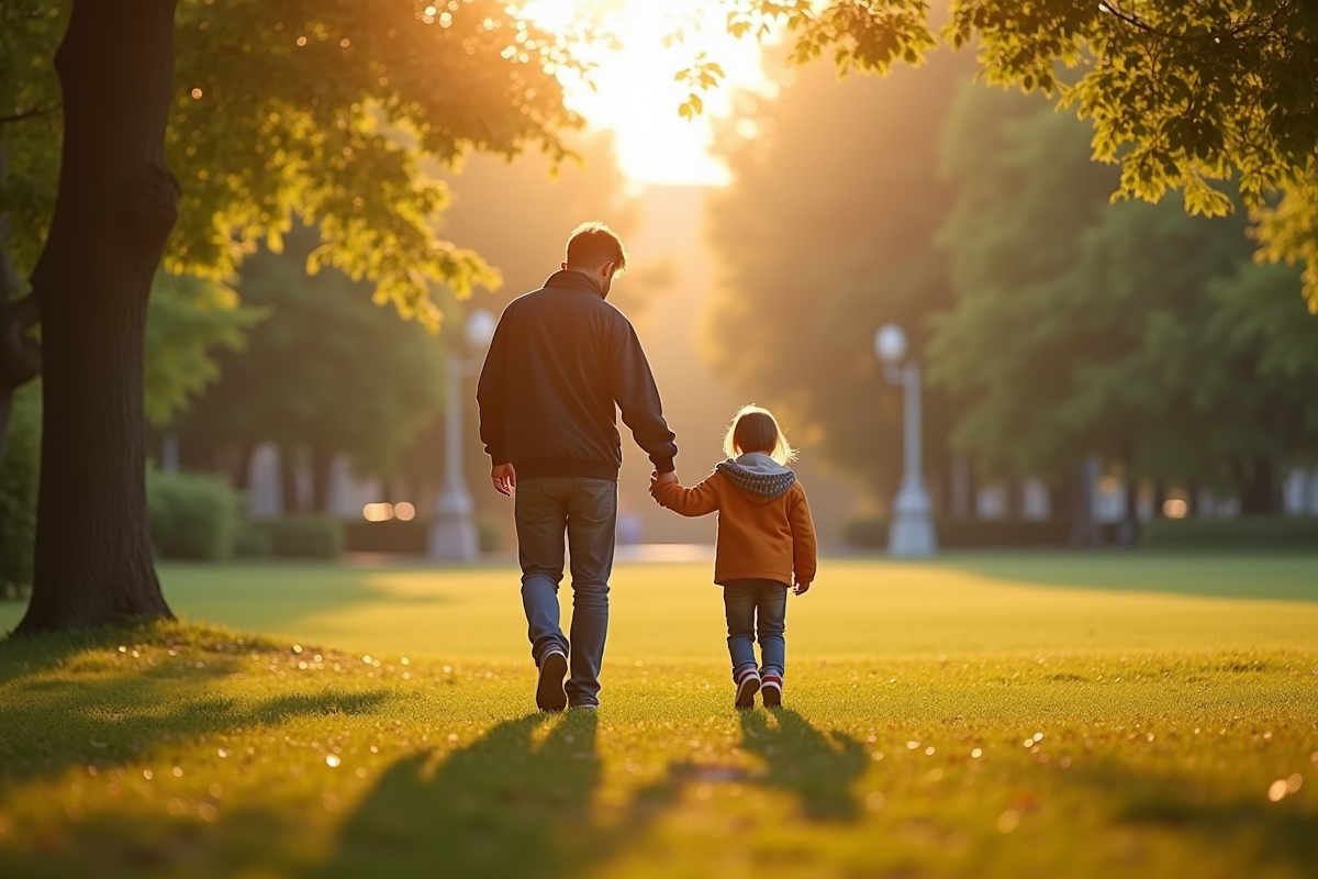 Parent et enfant se tenant la main dans un parc ensoleille