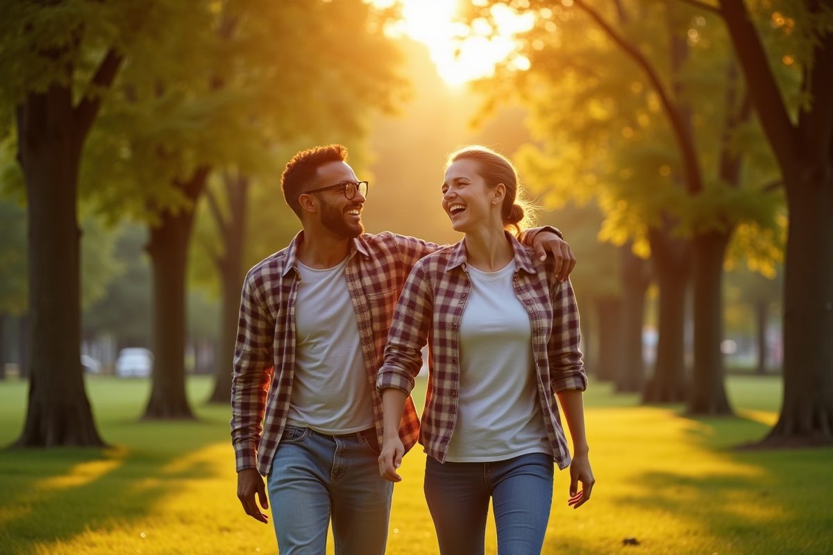 Couple marchant dans un parc verdoyant au coucher du soleil