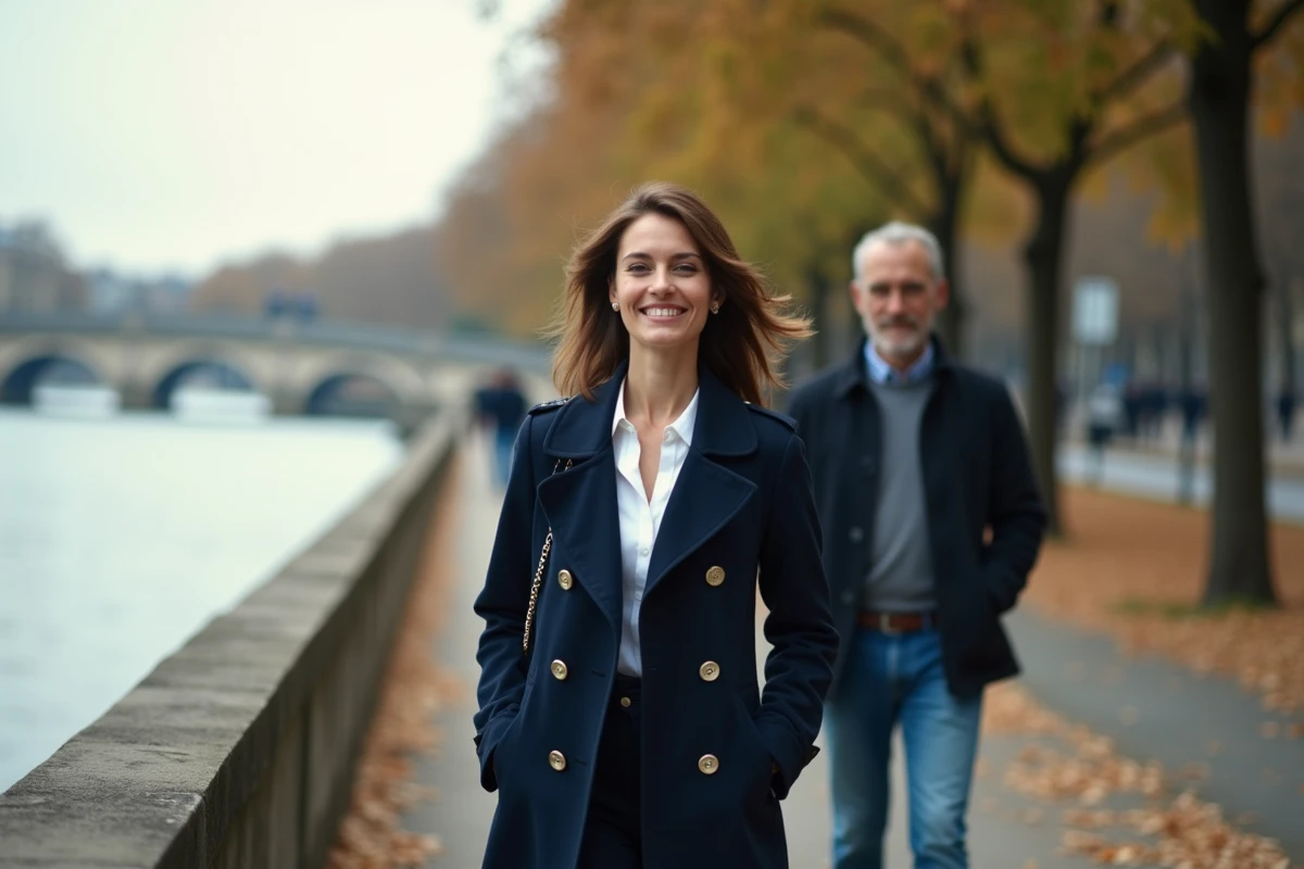 Femme en trench marche le long de la Seine à Paris
