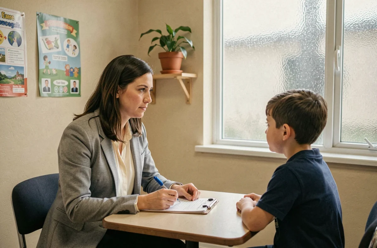 Psychologue scolaire réalisant une évaluation avec un jeune élève dans un bureau de consultation, contexte de soutien aux troubles du comportement scolaire