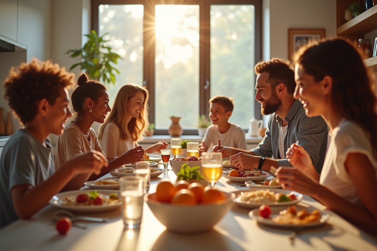 Famille multiculturelle partageant un repas convivial