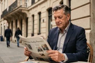 Journaliste français élégant assis seul en terrasse de café parisien lisant un journal, illustrant le respect de la vie privée des personnalités médiatiques
