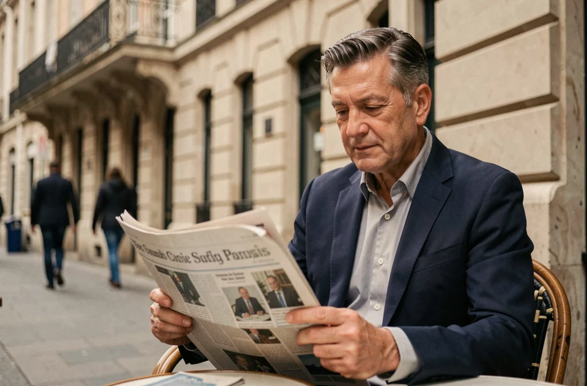 Journaliste français élégant assis seul en terrasse de café parisien lisant un journal, illustrant le respect de la vie privée des personnalités médiatiques