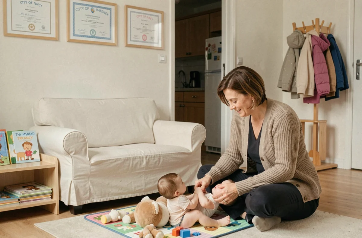 Assistante maternelle du service d'accueil familial de la Ville de Nancy interagissant avec un nourrisson et un tout-petit dans un cadre domestique professionnel