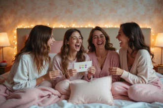Groupe de jeunes femmes en pyjama sur un lit jouant à un jeu de questions lors d'une soirée pyjama entre copines