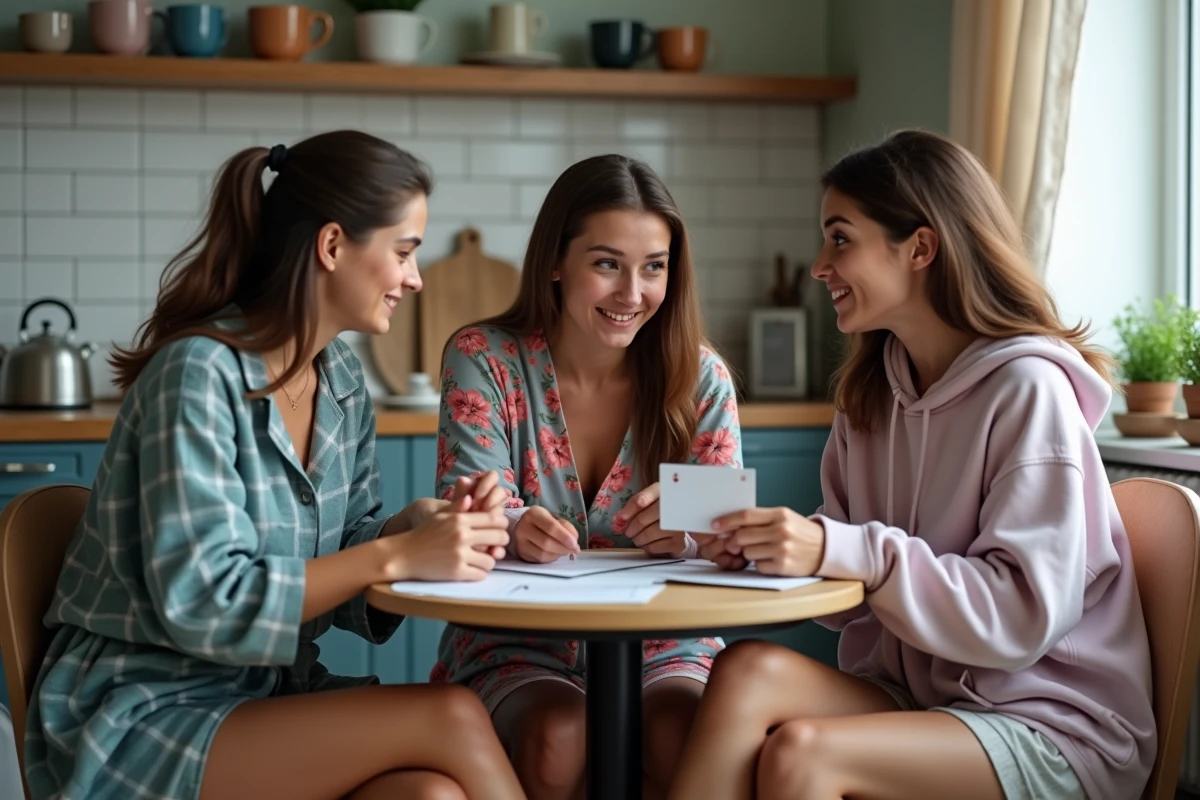 Trois jeunes femmes en tenue de nuit autour d'une table de cuisine jouant à un jeu de questions lors d'une soirée pyjama