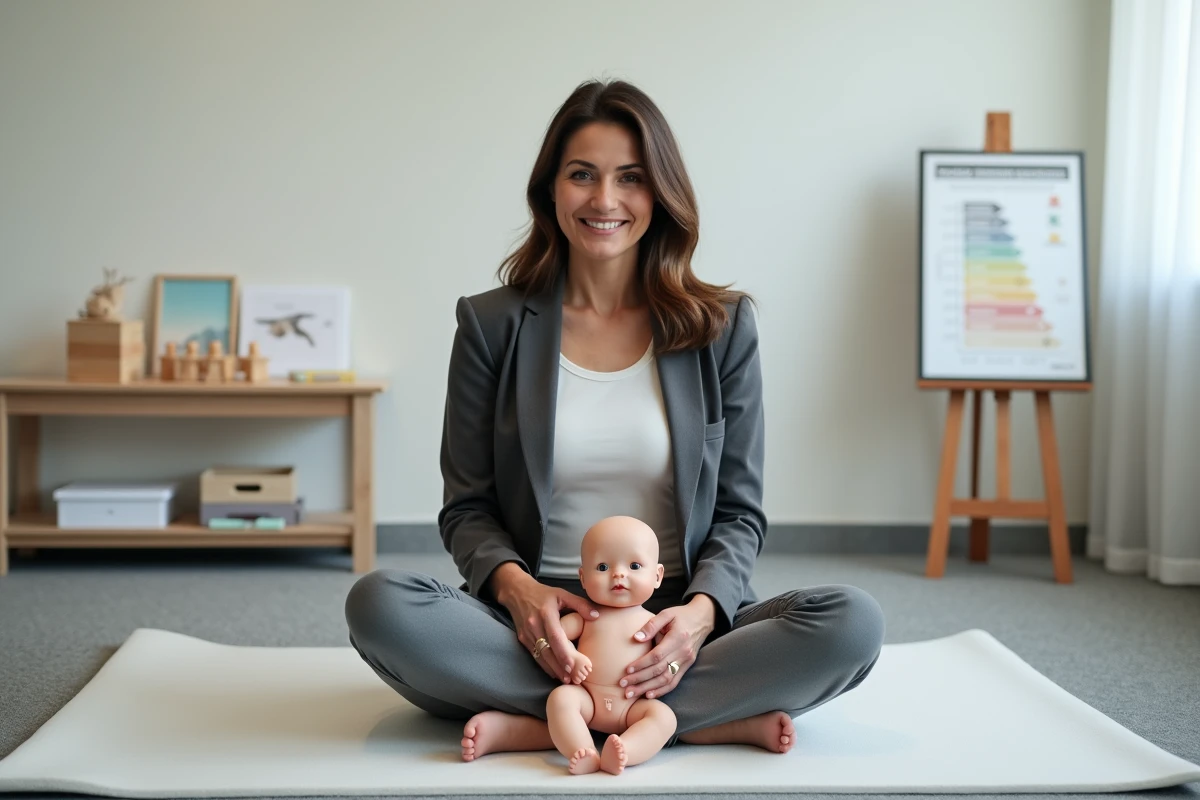 Spécialiste en développement de l'enfant assise au sol sur un tapis montrant la bonne position de jeu pour bébé avec une poupée, dans un cabinet de consultation pédiatrique