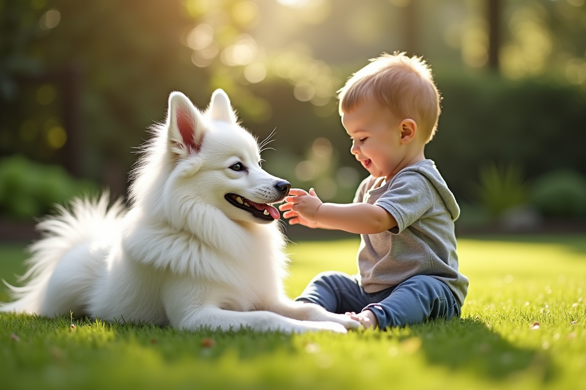 Chien japonais Spitz assis près d