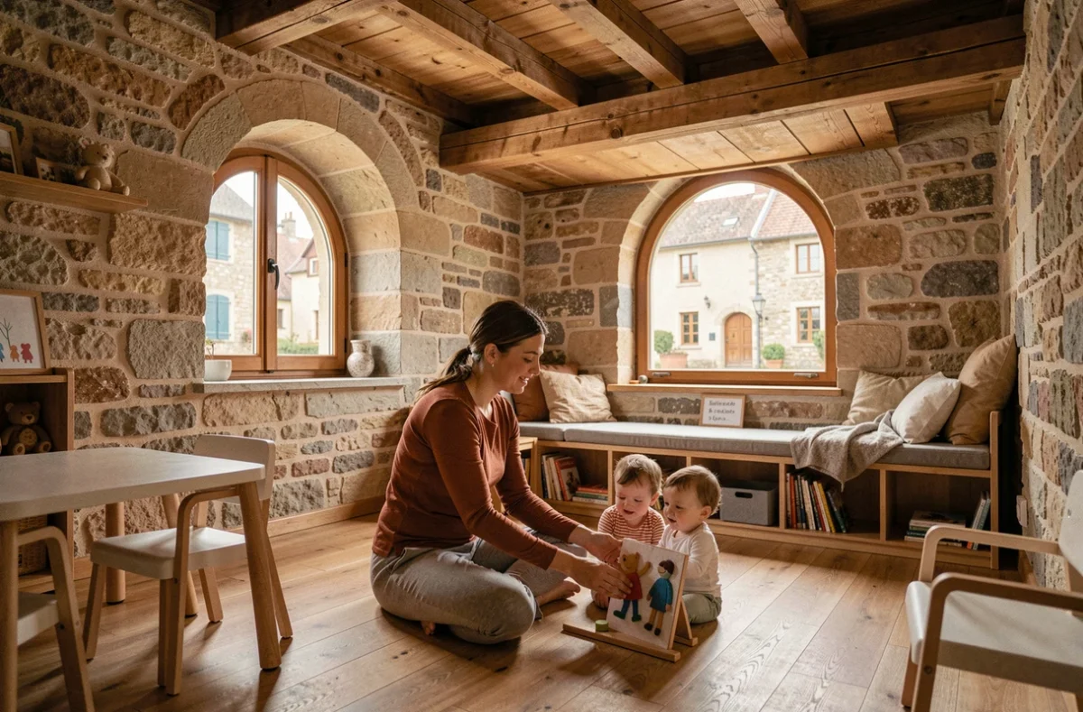Éducatrice animant une activité avec des feutres narratifs dans une structure petite enfance intercommunale à Bouxières-aux-Dames, dans un bâtiment en pierre lorrain rénové