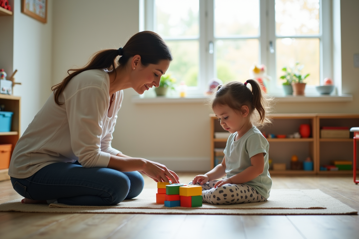 Therapeute avec une petite fille jouant avec des blocs colorés