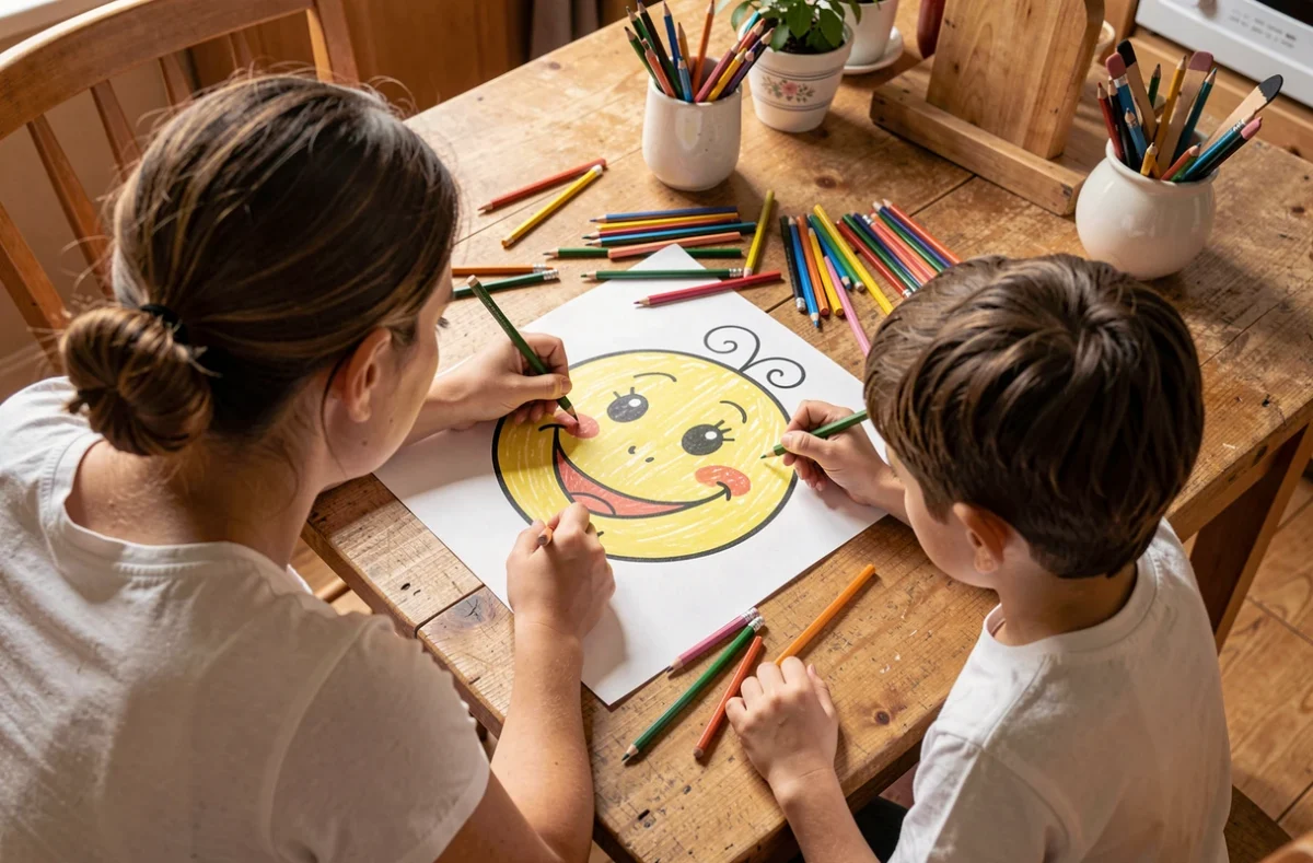 Un parent et un enfant dessinent ensemble un visage souriant