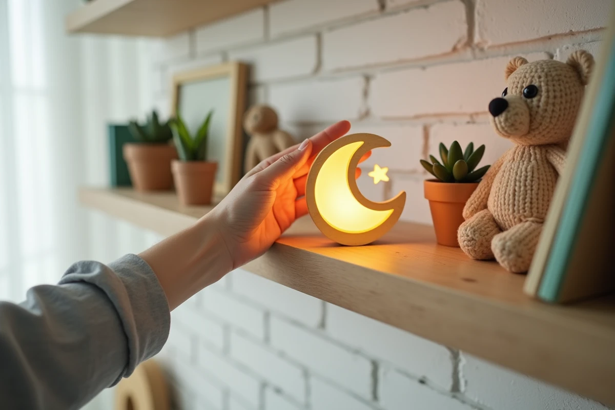 Parent installant une veilleuse en bois personnalisée en forme de lune sur une étagère de chambre de bébé décorée