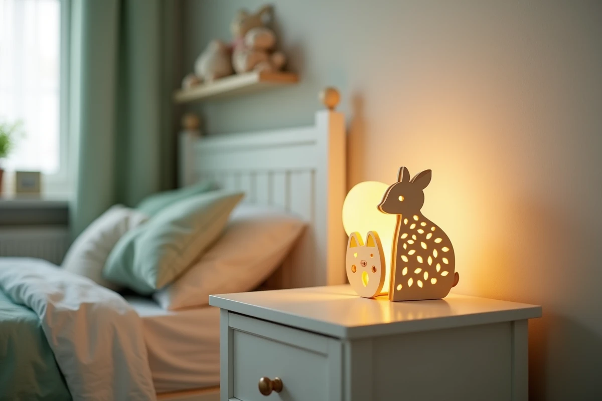 Veilleuse personnalisable en bois en forme d'animal posée sur une table de chevet dans une chambre d'enfant décorée avec soin