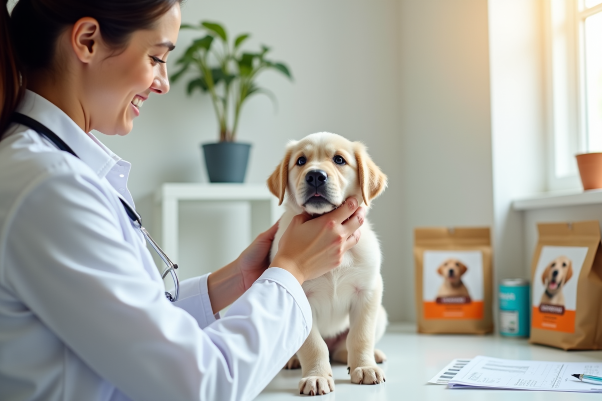 Vétérinaire examinant un chiot labrador sur une table blanche