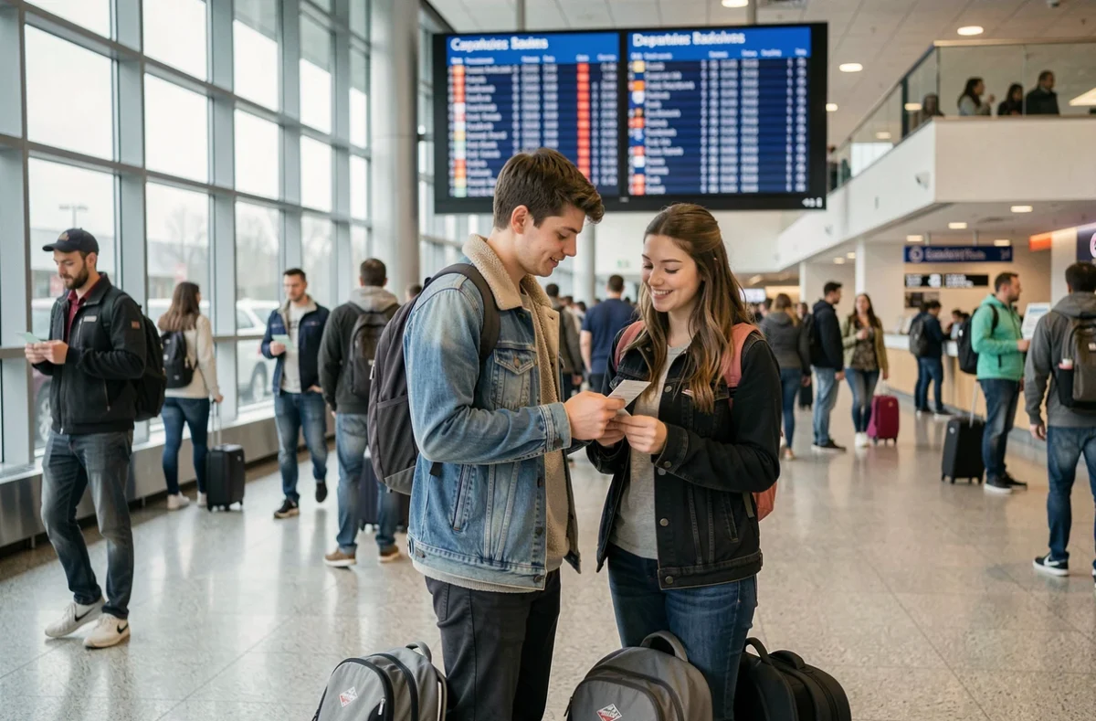 Couple de voyageurs dans un aéroport canadien consultant leurs billets pendant les vacances scolaires